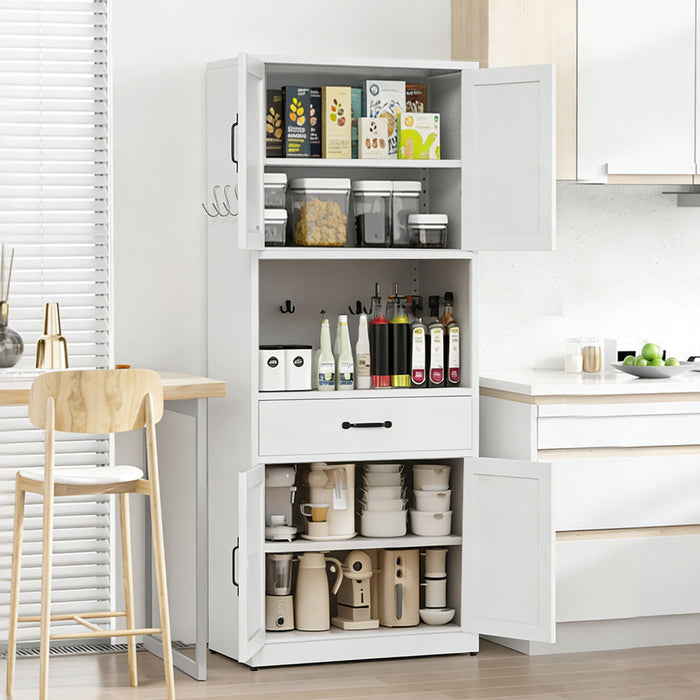 White Giga accent kitchen pantry cabinet with adjustable shelves, drawers, hooks, and large countertop for organized storage.