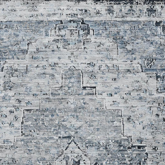 10' X 14' Floral Medallion Washable Area Rug With UV Protection (705095) - Sky Blue / Ivory