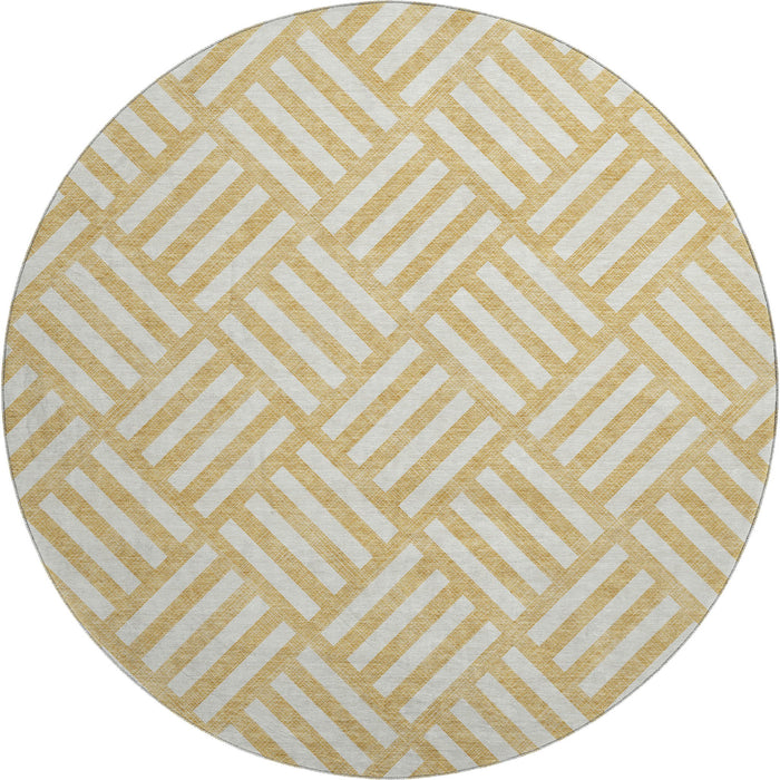 8' Geometric Washable Round Rug With UV Protection (652356) - Gold / Ivory
