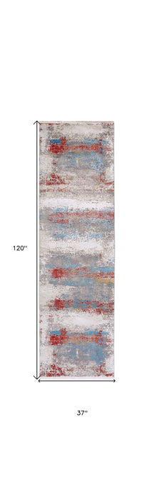 10' Industrial Abstract Power Loom Viscose Runner Rug With Fringe - Gray / Red