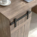 Giga home office desk in light brown with one cabinet, three shelves, faux barn door, metal euro hinges, and modesty panel.