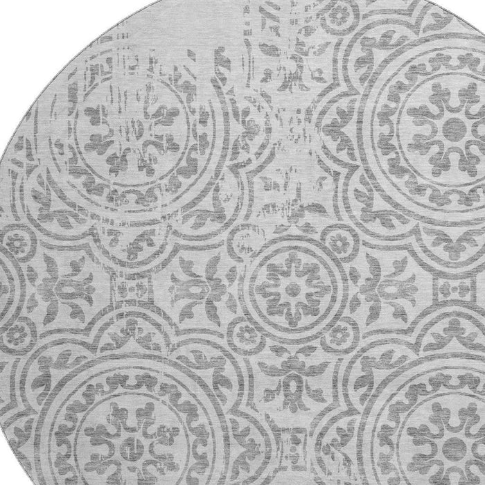 8' Medallion Washable Round Rug With UV Protection - Silver / Gray