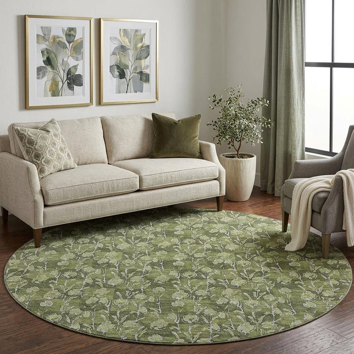 8' Floral Washable Round Rug With UV Protection (656457) - Olive Green / Ivory