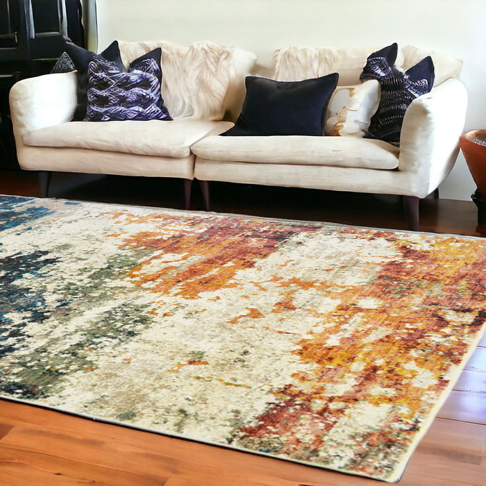 8' x 10' Abstract Distressed Area Rug With Fringe - Beige Blue And Ivory