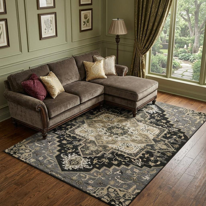 10' X 14' Oriental Washable Area Rug With UV Protection (681293) - Black / Gold / Beige