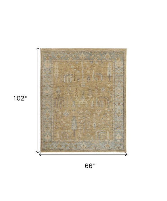 5' x 8' Wool Floral Hand Knotted Stain Resistant Area Rug With Fringe - Gold Blue And Gray