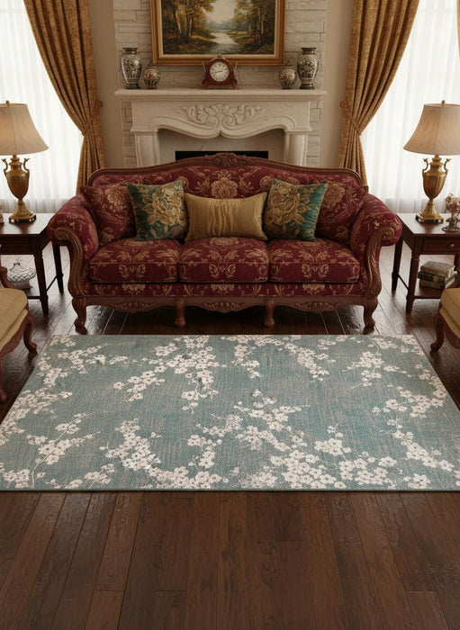8' Oriental Washable Round Rug With UV Protection (609912) - Blue / White