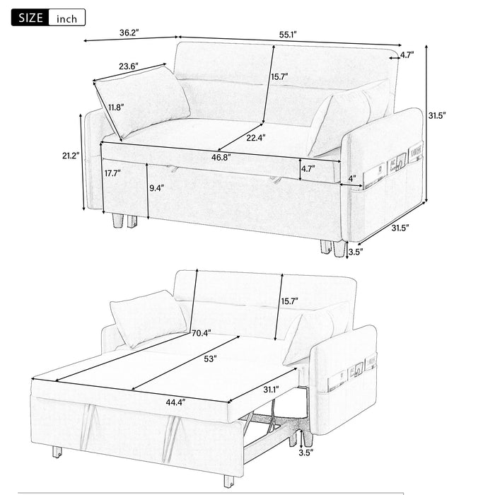 Giga pull-out sleep sofa bed loveseat with adjustable backrest, storage pockets, two pillows, and USB ports in a modern living room setting.