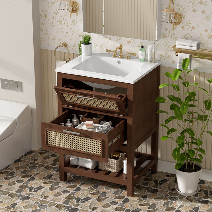 Modern Giga bathroom vanity with integrated sink, featuring a deep drawer and a tip-out drawer in a sleek cabinet design.