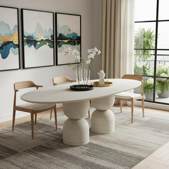 Marble Double Pedestal Base Oval Dining Table - Beige