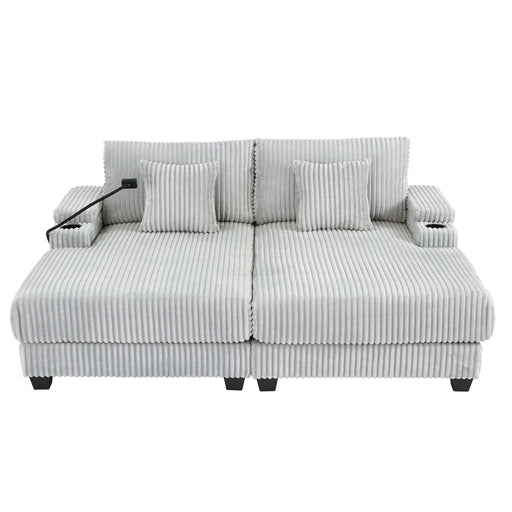 Giga light gray chaise sofa with adjustable backrest, built-in cup holders, phone holder, and storage compartments for living room.