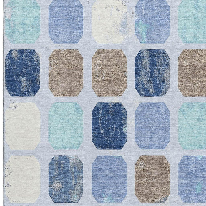 10' X 14' Geometric Washable Area Rug With UV Protection (709198) - Denim Blue / Brown / Teal