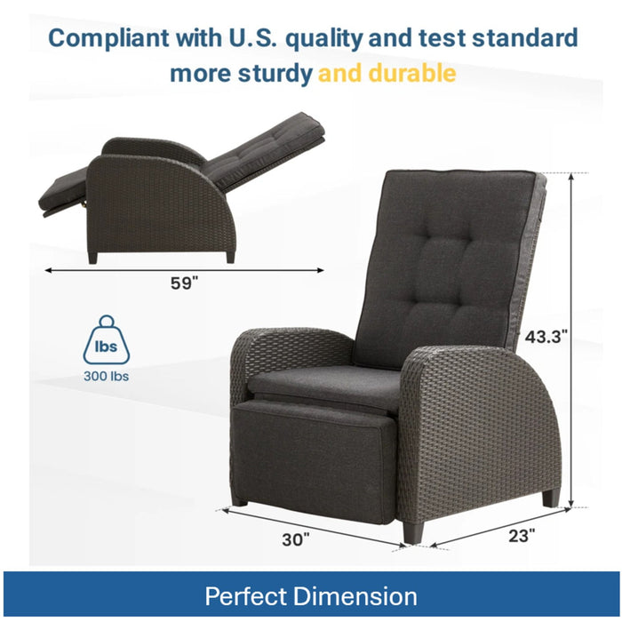 Giga adjustable outdoor lounge chair with plush cushions and extendable footrest in gray, showing the comfortable seating and adjustable features.