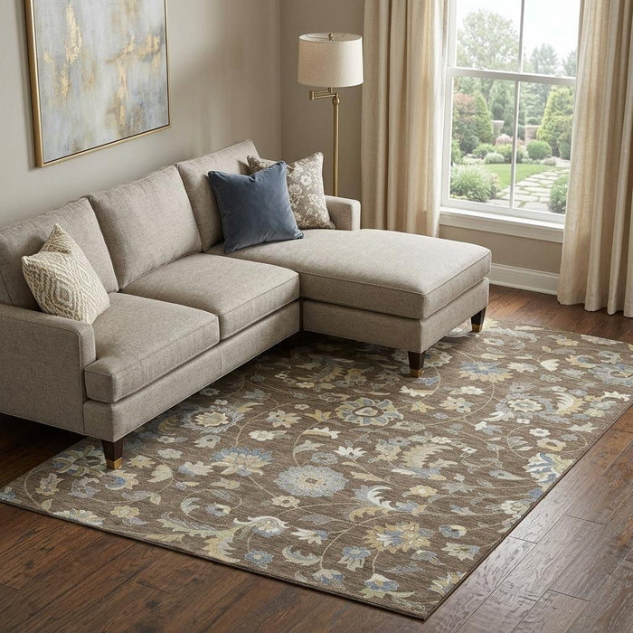 10' X 14' Floral Washable Area Rug With UV Protection (678970) - Chocolate / Blue / Beige