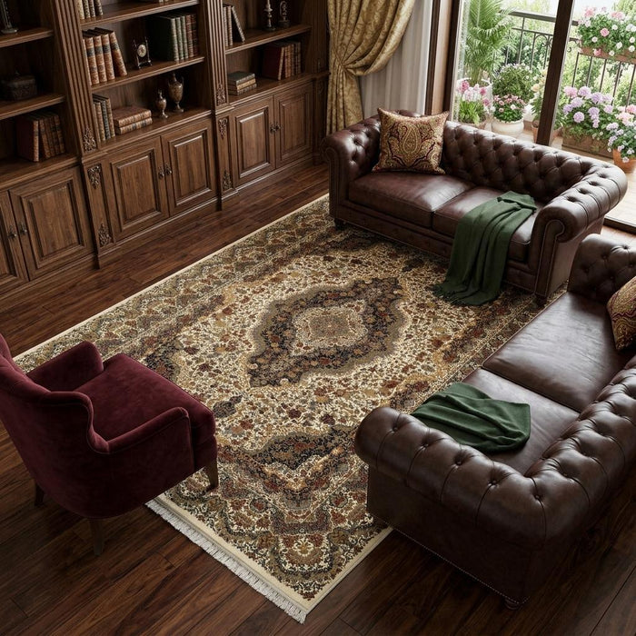 8' X 11' Medallion Area Rug With Fringe (574472) - Ivory / Black / Brown