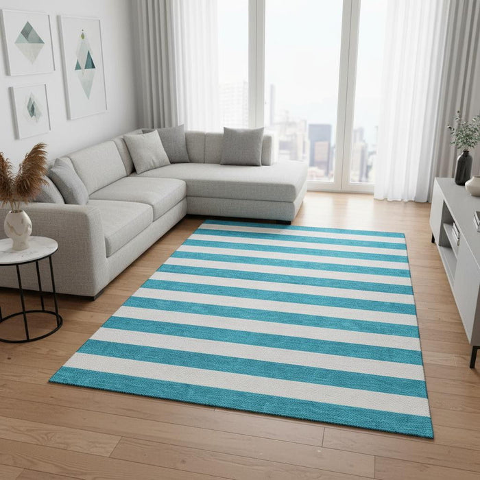 8' X 10' Striped Washable Area Rug With UV Protection (647672) - Teal / Ivory