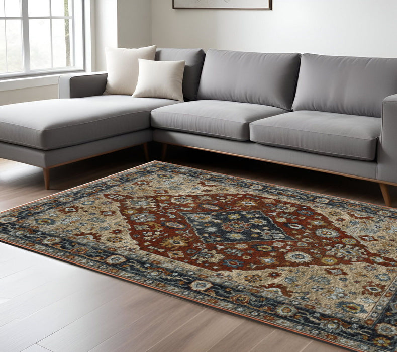 7.9' x 11.2' Oriental Power Loom Area Rug With Fringe - Blue Orange And Beige