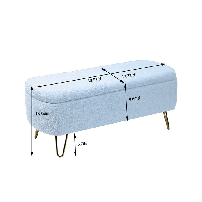 Giga storage ottoman bench with camel faux fur upholstery, padded top, and storage space, ideal for bedroom or living room.