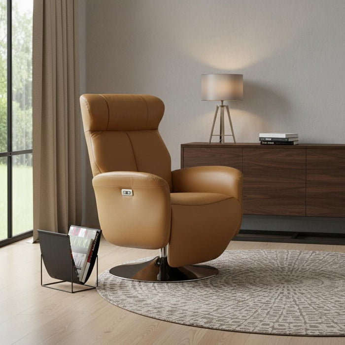Tufted Genuine Leather Power Swivel Recliner (730559) - Burnt Umber