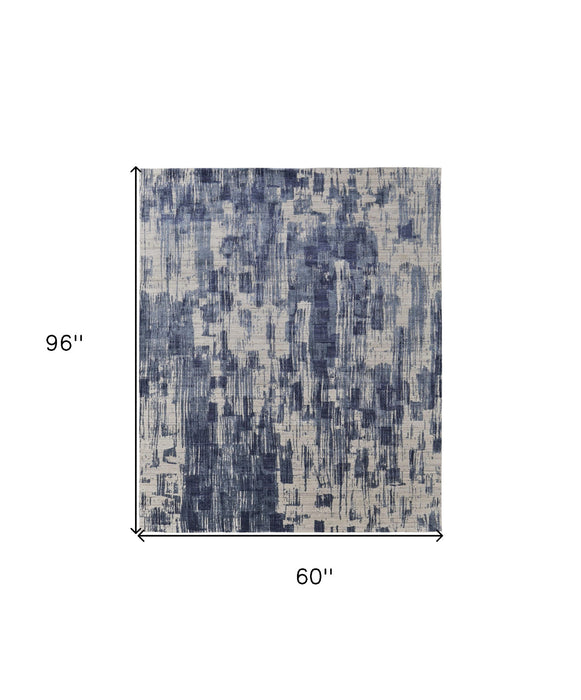5' x 8' Abstract Hand Woven Worn Faded Area Rug - Ivory And Blue
