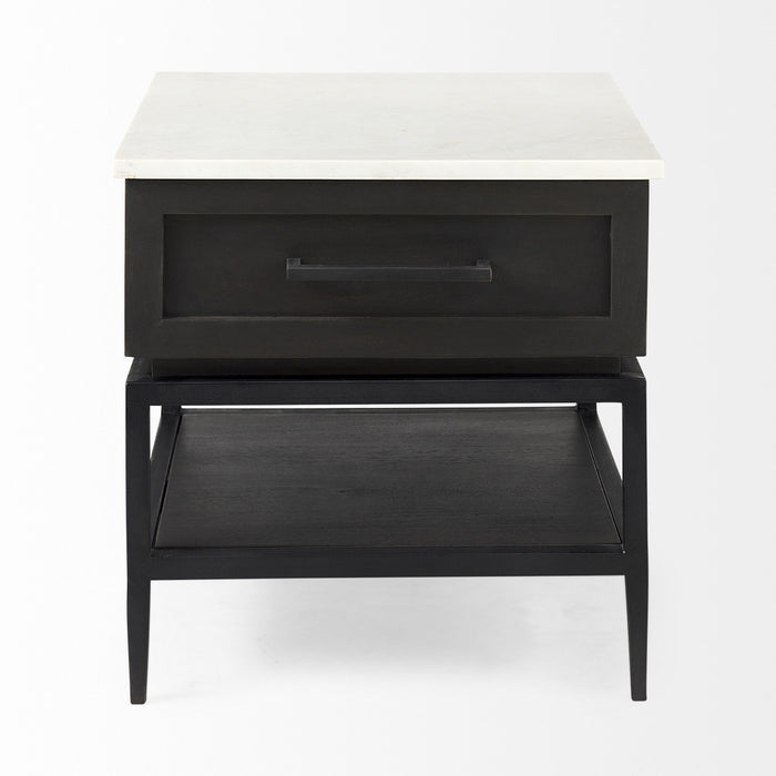 Marble Square End Table With Drawer And Shelf - Black And White
