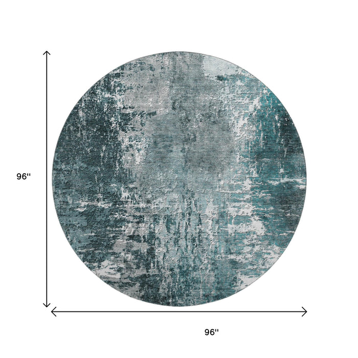 8' Abstract Washable Round Rug With UV Protection (657524) - Teal / Ivory