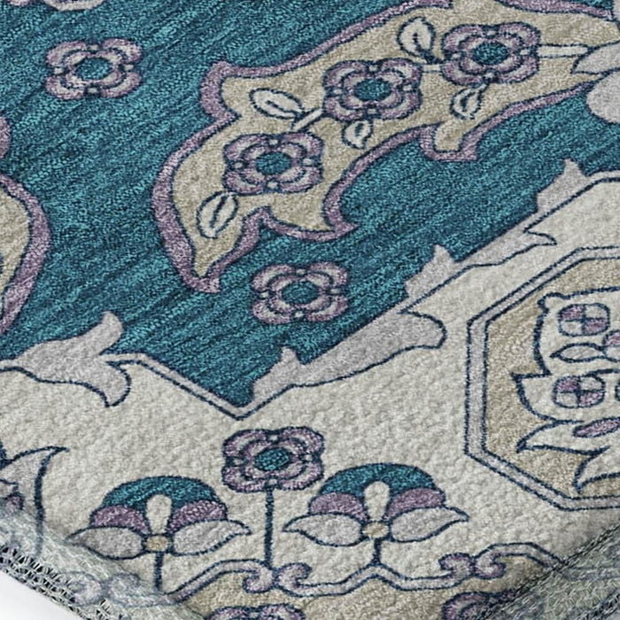 10' X 14' Floral Medallion Washable Area Rug With UV Protection (705875) - Teal / Ivory