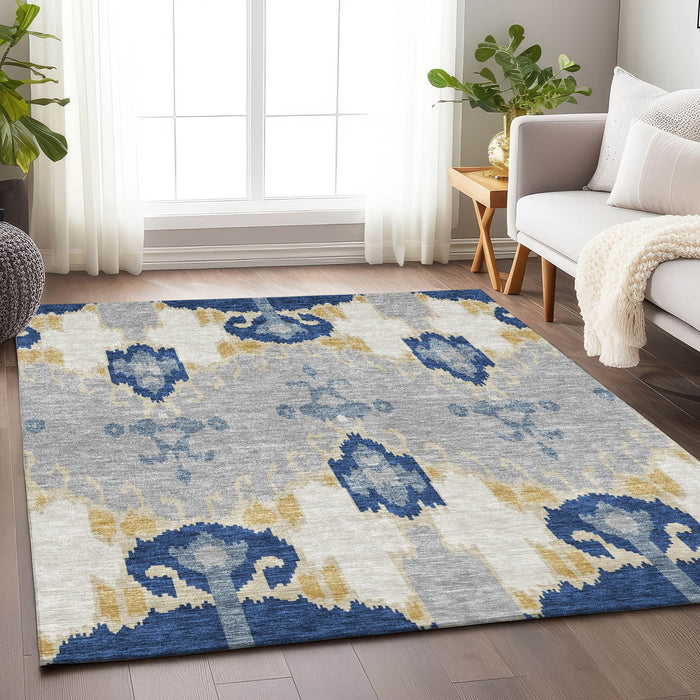 8' X 10' Ikat Washable Area Rug With UV Protection - Navy Blue