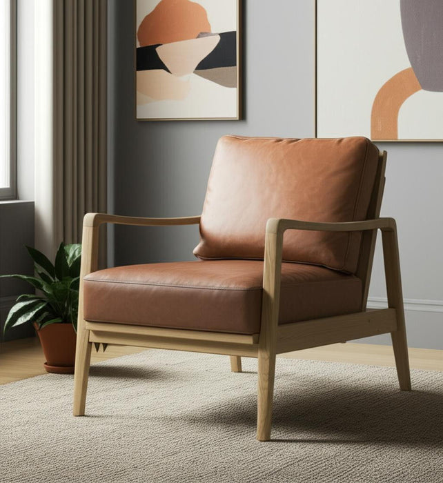 Genuine Leather And Solid Wood Arm Chair - Brown