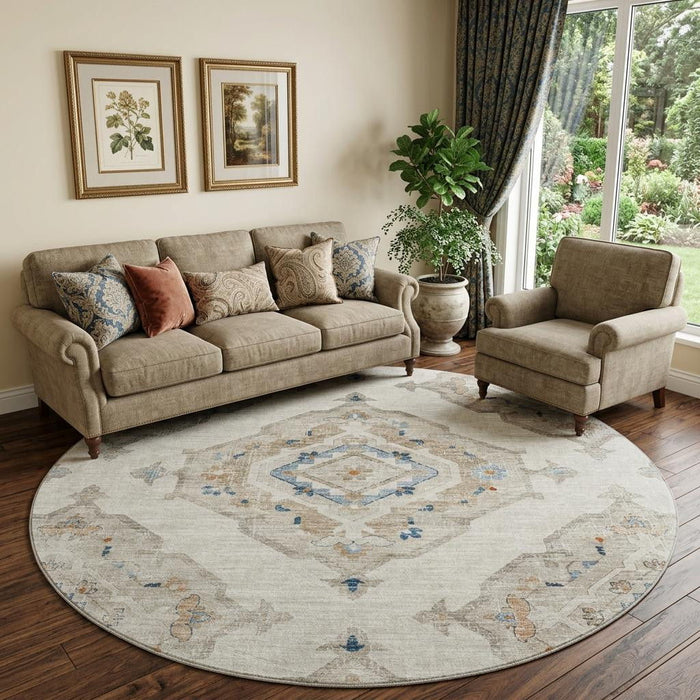 8' Tribal Distressed Washable Round Rug With UV Protection (644177) - Linen / Ivory / Blue