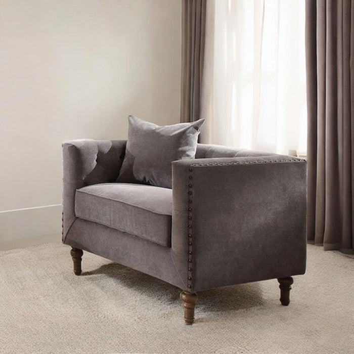 Velvet Tufted Arm Chair And Toss Pillow - Gray And Brown