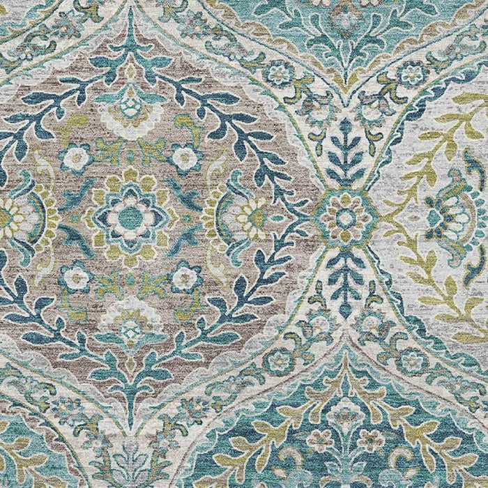 10' X 14' Floral Washable Area Rug With UV Protection (710304) - Teal / Ivory / Beige