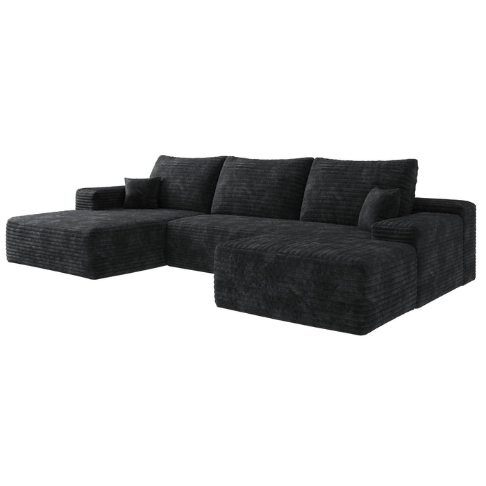 2 Piece Living Room Set Corduroy Modular Compression Foam Sofa With Ottoman Toss Pillows - Black