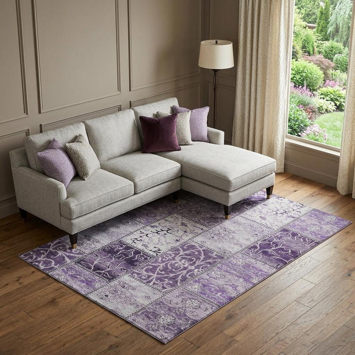 9' X 12' Patchwork Distressed Washable Area Rug With UV Protection (649581) - Purple / Ivory