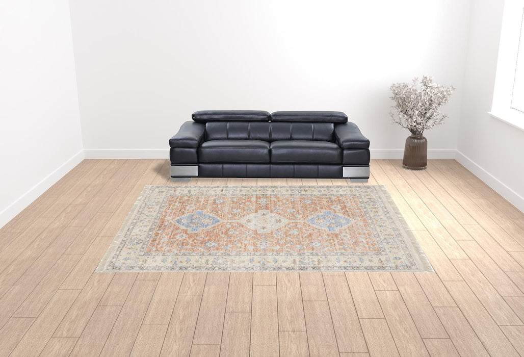 10' x 13' Oriental Hand Loomed Stain Resistant Area Rug With Fringe - Orange And Blue