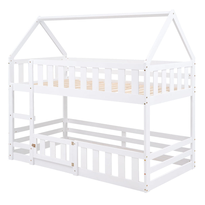 Giga twin over twin house bunk bed with safety fence and door, featuring a cozy, playful design for children's bedroom.
