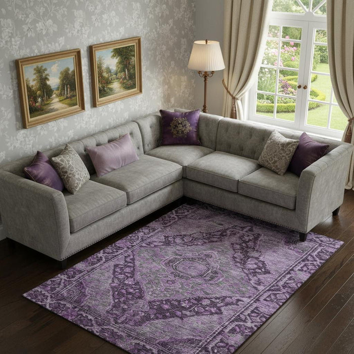 10' X 14' Oriental Washable Area Rug With UV Protection (700535) - Eggplant / Gray
