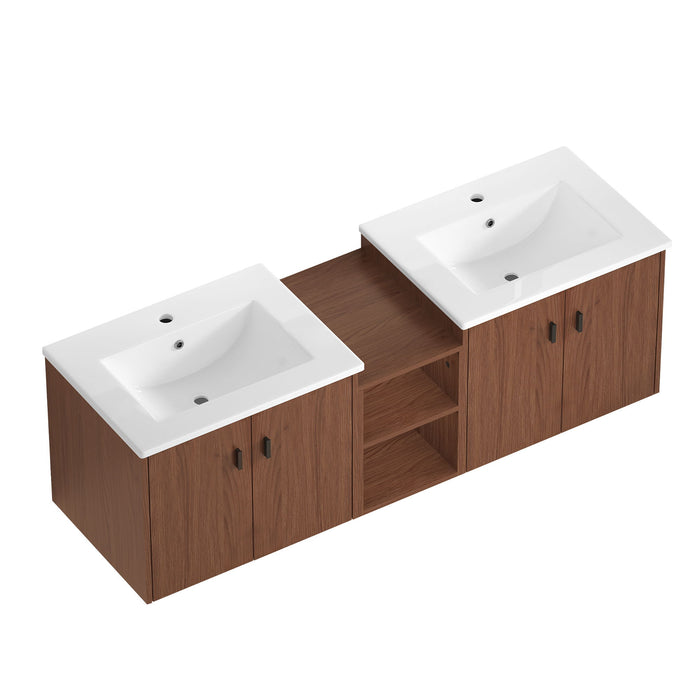 Giga soft close bathroom vanity with small storage shelves, 24" and 12" combination cabinet in reddish brown finish.