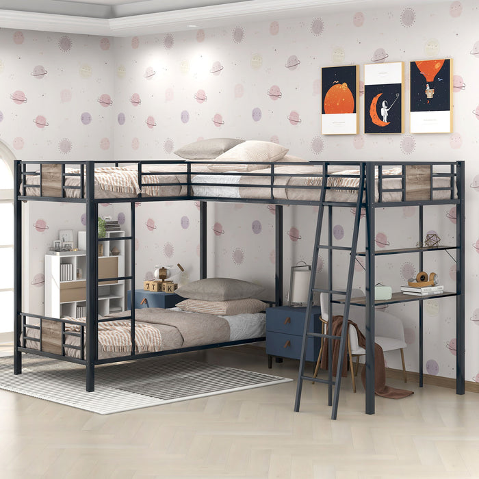 Brown Giga L-shaped twin over twin bunk bed with twin size loft, desk, and shelf, showcasing the multi-functional furniture design.
