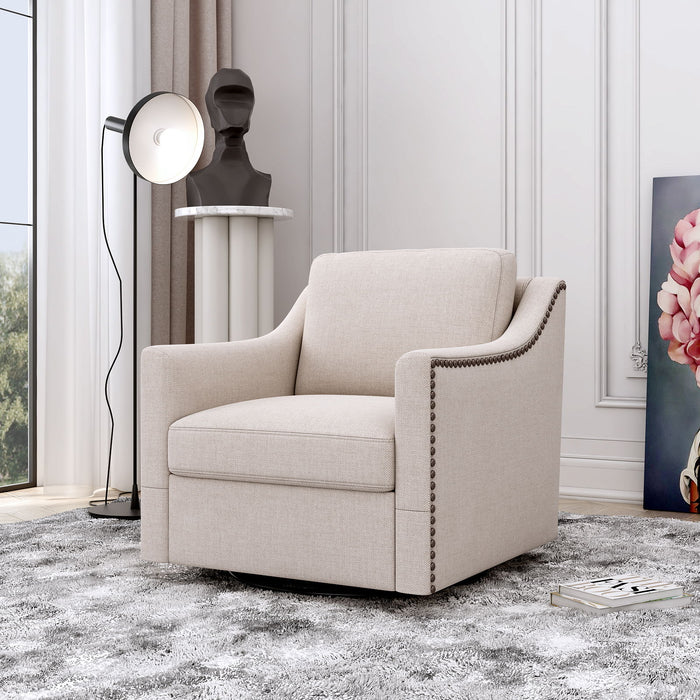 Giga 360-degree swivel armchair with skin-friendly fabric, ergonomic design, and brass nail decorative accents.