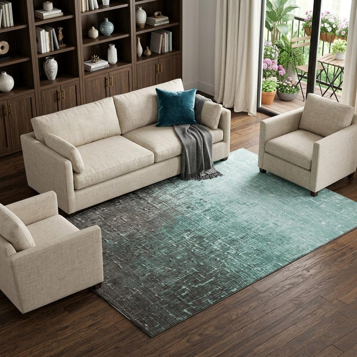 10' X 14' Ombre Washable Area Rug With UV Protection (683387) - Teal / Gray / Charcoal