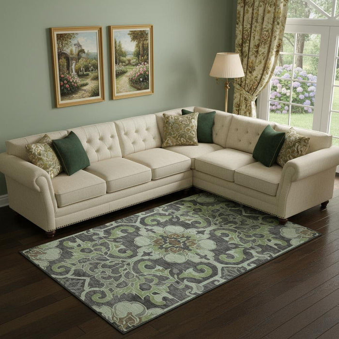 10' X 14' Floral Medallion Washable Area Rug With UV Protection (709054) - Artichoke Green / Charcoal / Gray