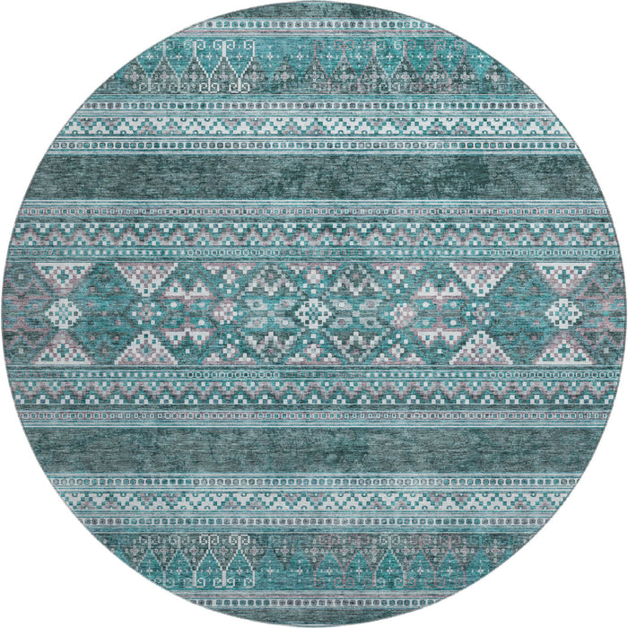 8' Southwestern Washable Round Rug With UV Protection (657458) - Teal / Ivory