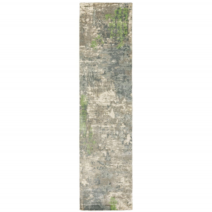 2' x 10' Abstract Hand Loomed Stain Resistant Runner Rug - Blue And Green
