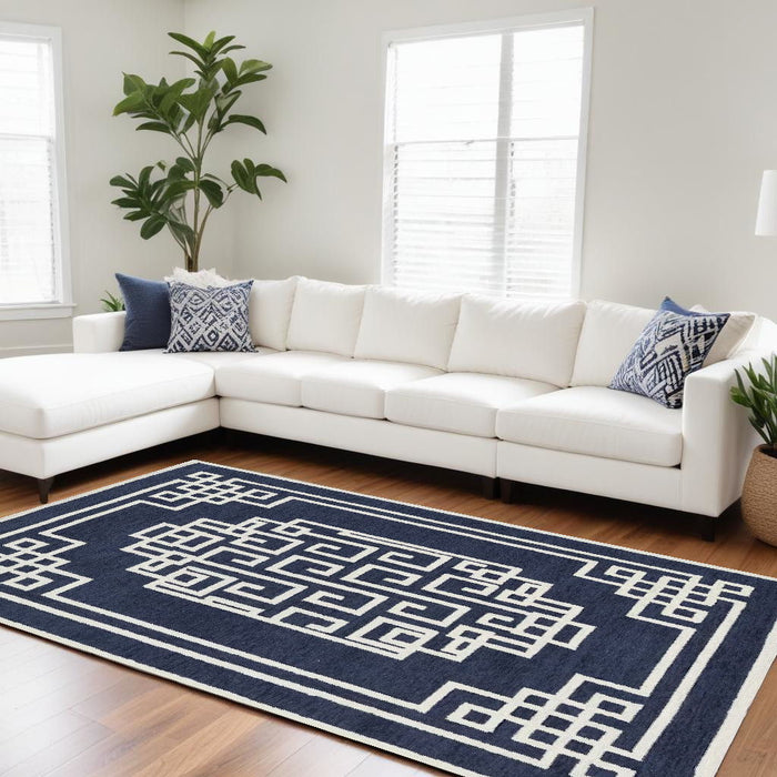 8' x 10' Hand Tufted Greek Key Medallion Indoor Area Rug - Navy Blue Ivory