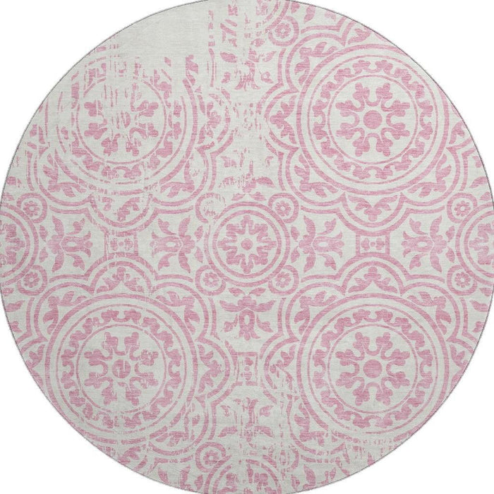 8' Medallion Washable Round Rug With UV Protection - Pink / Ivory