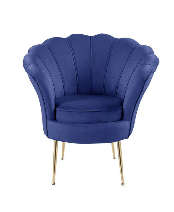 Giga Angelina scalloped back barrel accent chair with metal legs, plush upholstery, stylish design, and modern aesthetic.