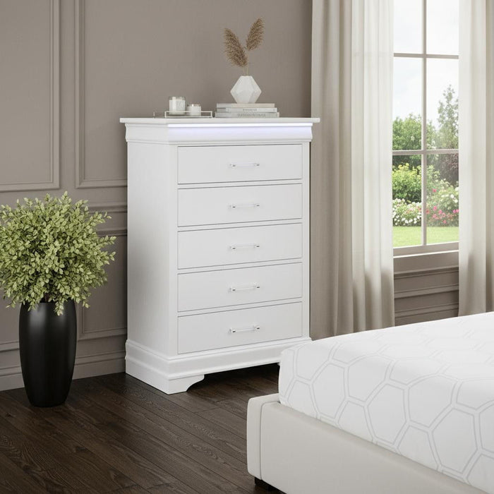 Solid Wood Five Drawer Chest With Led Lighting - White