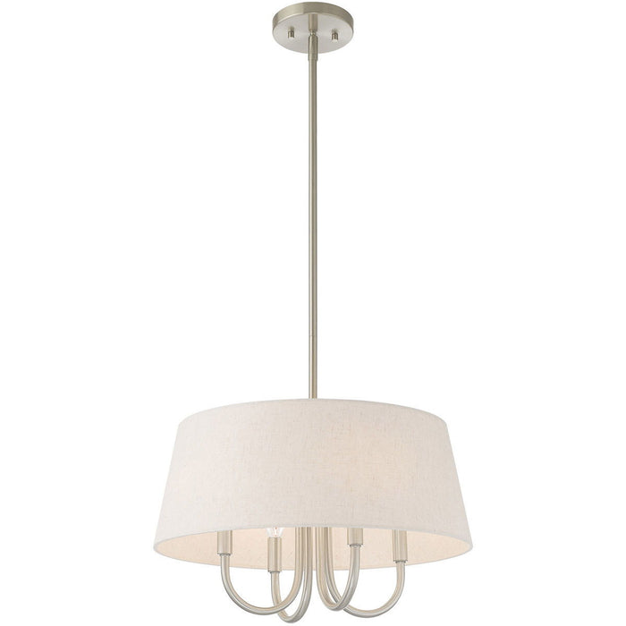 20-inch metal chandelier with four lights, cream shades, dimmable feature, in nickel finish, by HomeRoots.