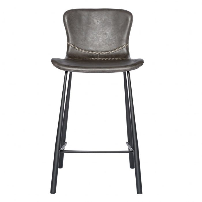 Set of two HomeRoots gray and black steel low back counter height bar chairs with modern design.